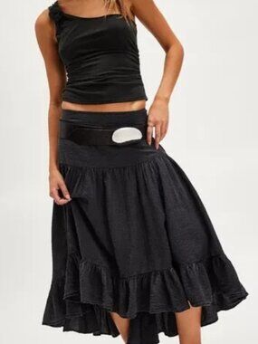 Free People Enzo Midi Skirt India Ink Ruffle Banded Waist Tiered XS